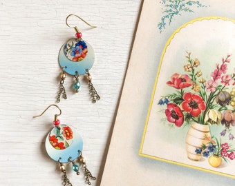 Floral pendant earrings created with old tin box, combined with vintage postcard with flowers, made in Italy.