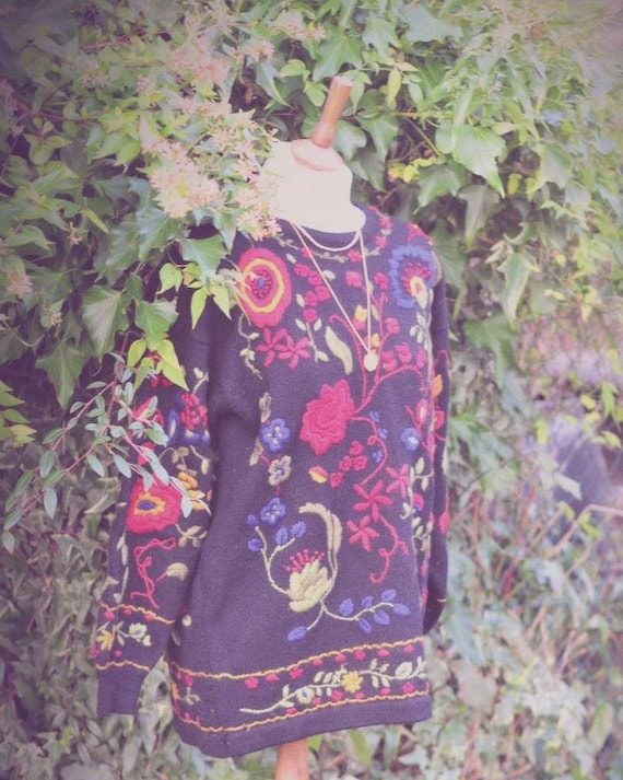 Beautiful folk flowers embroidered jumper