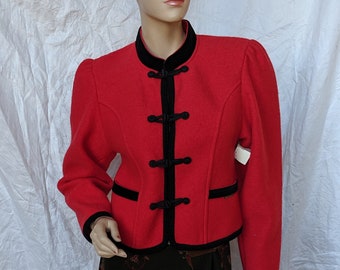 Deadstock NWT GEIGER Velvet Cropped RED Black Mandrain Collar Boiled Wool Pure New Wool Jacket Tyrol Austrian Austria Mint  Free shipping