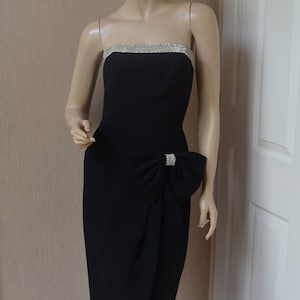 Bombshell Julie Duroche Black Strapless Dress Rhinestone Pin Up Glam Petite 6 Big Bow Marilyn Monroe Black Crepe Boned Bodice