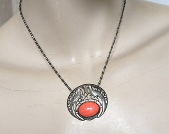 Necklace Coral Art Nouveau Cabochon Bird Peacock Orange Czech