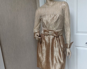 Gorgeous Vintage Cocktail Dress by Stanley Platos Martin Ross Gold Metallic Champagne Lace Organza Silk Couture Small