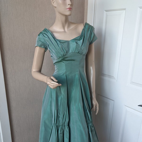 1960's Gowns by Priscilla of Boston Mossy Green Party Dress Stunning On Full Circle Skirt with Gathers Small XS 1950's Woolf Bros