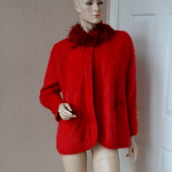 Fluffy 80% Angora Lined Jacket Trimmed Raccoon FUR collar Lipstick RED Lined Sweater small Medium FREE Shipping