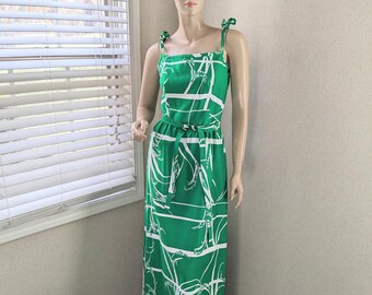 Malia Dress Honolulu Hawaii Dress Hawaiian 100% cotton Kelly Green Bright White Stripe Floral Tie Straps Adjustable Built In Bra sz 10 M/S