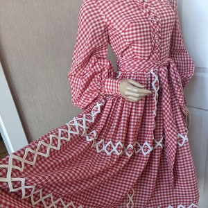 1960&#39; Darling Lillie Rubin Red White Cotton Check Gingham Dress Picnic Garden Party Sheer Cotton Organza EVC Small 1970&#39;s Puff Sleeves