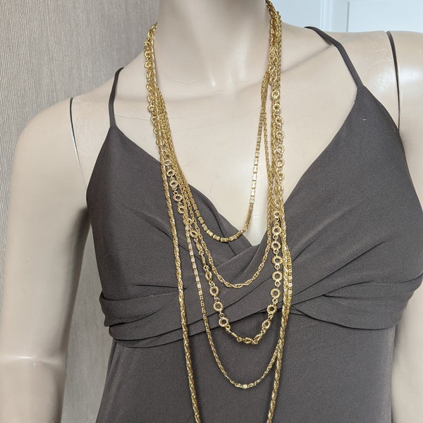 STUNNING! Goldette NY 5 Five Strand Long Necklace Chain Couture Costume Gold Statement Piece Excellent Quality Piece