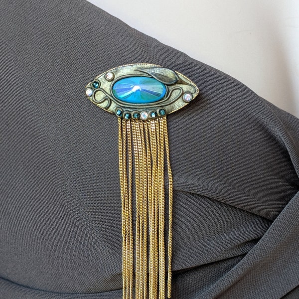 Stunning MARENA Art Deco Style Brooch Art Glass Aurora Borealis Pin Germany Eye Shaped Iridescent Turquoise Fine Gold Chain