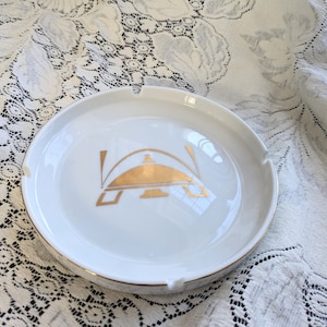 Vintage Art Deco Ashtray Muehlebach Hotel Kansas City Porcelain Gilt Gold Vintage White Ash Tray