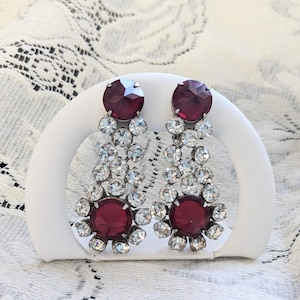 Schreiner New York SIGNED Earrings Red Clear Dangle Drop Clip On RARE Statement Piece Stunning