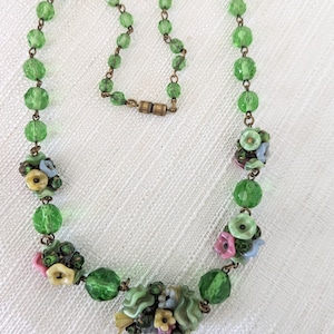Czech Glass Necklace Pink GREEN Blue Yellow Flowers Art Deco