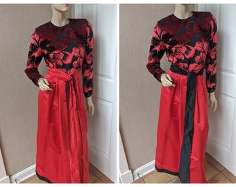 Gorgeous Saks Fifth Avenue Red Black Satin Evening Gown Burn Out Velvet Long Dress William Pearson Couture SFA