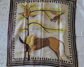 Early Pierre Cardin Paris Silk Scarf 31" X 31" MOD Bull Bird Duck