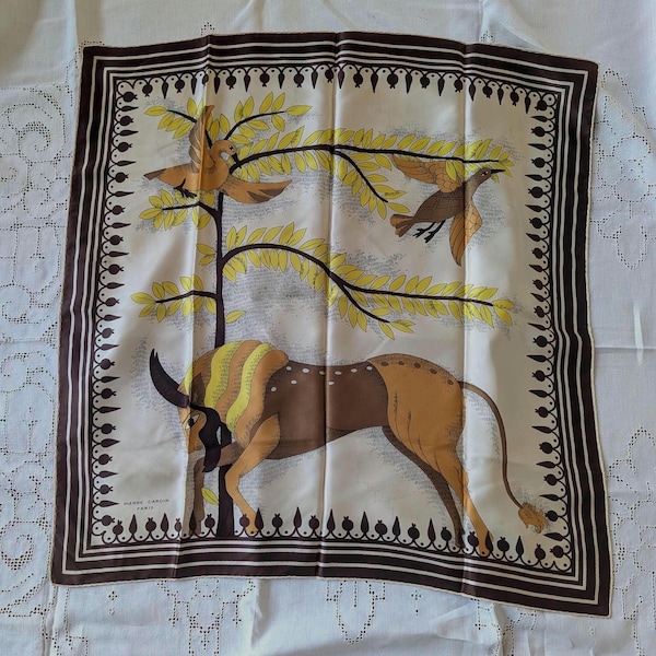 Early Pierre Cardin Paris Silk Scarf 31" X 31" MOD Bull Bird Duck