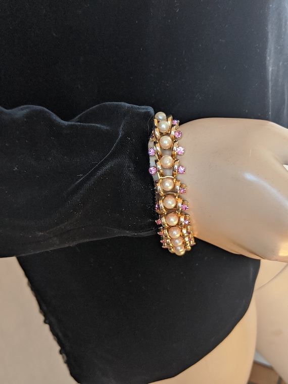 Signed KRAMER of New York Pearl Gold Tone Pink Rhi