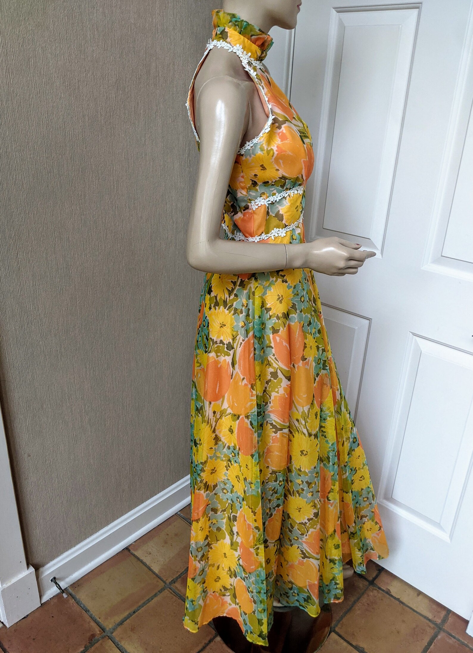 Deadstock 1970's Maxi Mod Floral Dress Ruffle Neckline MOD Bright ...