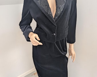 Louis Feraud Skirt Cropped Bolero Jacket Black Velvet Beaded size 12 M