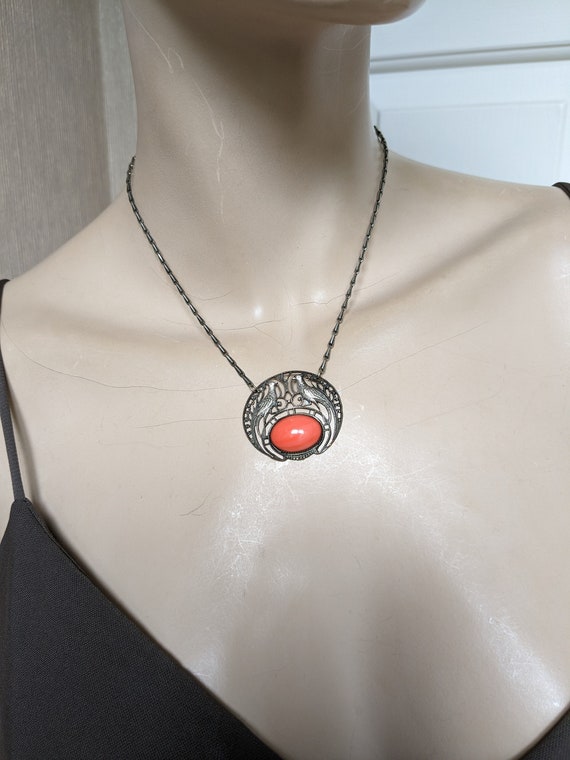 Necklace Coral Art Nouveau Cabochon Bird Peacock O