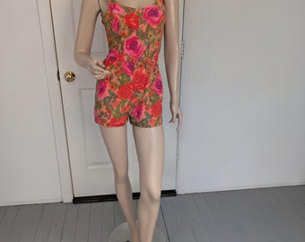 Vintage Flexees 1960s Romper Swimsuit Floral Orange Pink small