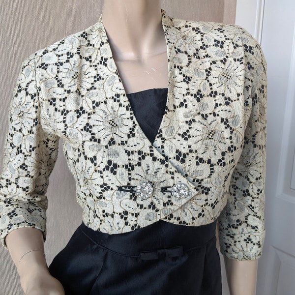 Sweet Franklin of Chicago Original Lace Bolero Jacket Ivory Gold Metallic Rhinestone Buttons