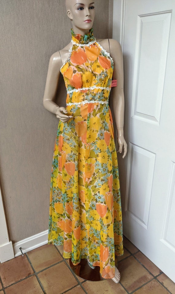 Deadstock 1970's Maxi MOD Floral Dress Ruffle Neckline MOD Bright Orange Yellow Flowers size small Flowy Garden Party
