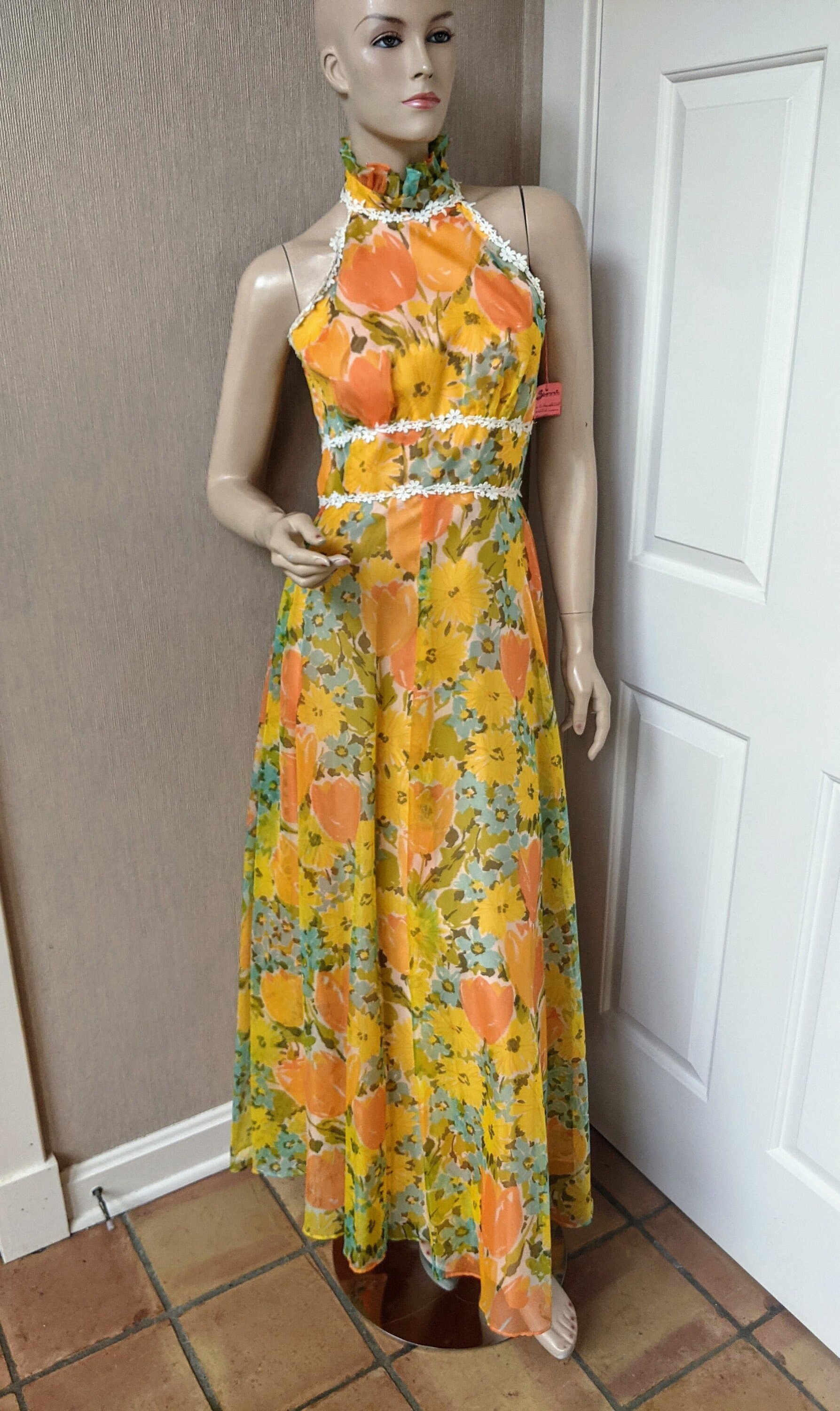 Deadstock 1970's Maxi Mod Floral Dress Ruffle Neckline MOD Bright ...