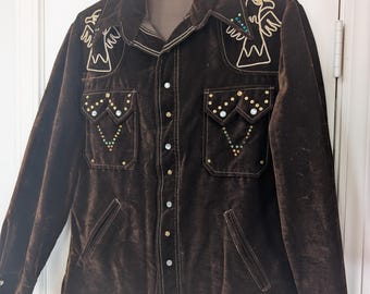 Vintage 1970s Western Rhinestone Studded Jacket Pearl Snap Buttons Brown Ultrasuede Velvet S/M
