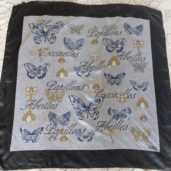 Gorgeous Carlisle Silk Scarf Butterfly Papillon Jeweled Butterflies Insects Blue Black Border French Made in Italy