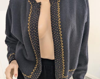 Vintage Beaded Cardigan Lord Taylor Angora Lambswool Black Gold Beading