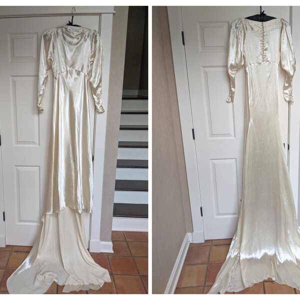 Elegant Art Deco 1920's 1930's Liquid Satin Wedding Gown Dress Small XS Draped Neckline Tapered Sleeves Gorgeous!