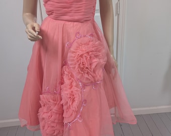 Gorgeous 1950's Cupcake Party Dress Coral Pink Sequin Rosettes