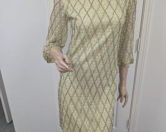 1960's Dress Beaded Tunic Yellow Lace Mini Pearls RHINESTONES Small