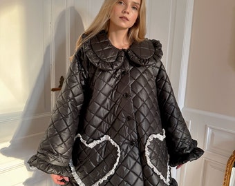 Ruffle Oversized Raincoat in Black Dreamy Coquette Dollette