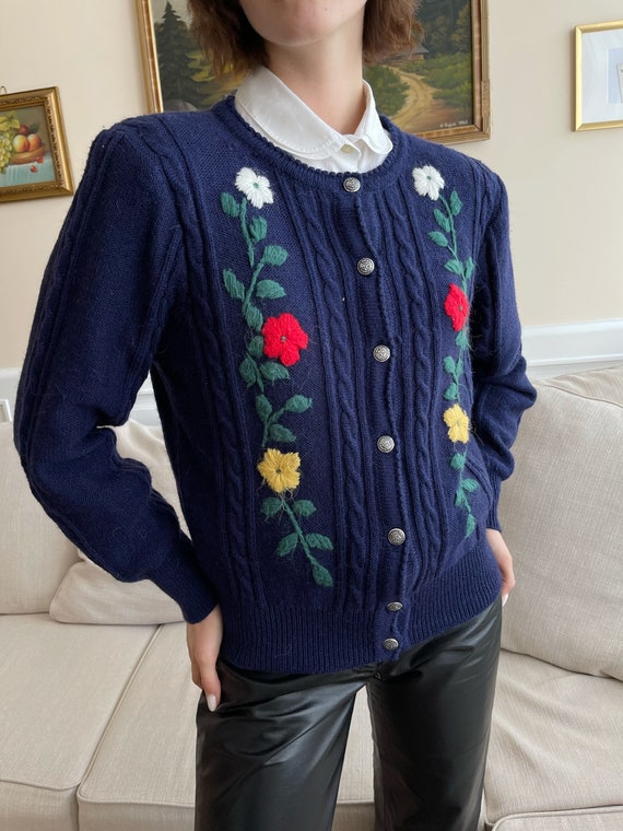 True Vintage Austrian Blue Cardigan Embroidery Flowers Knit