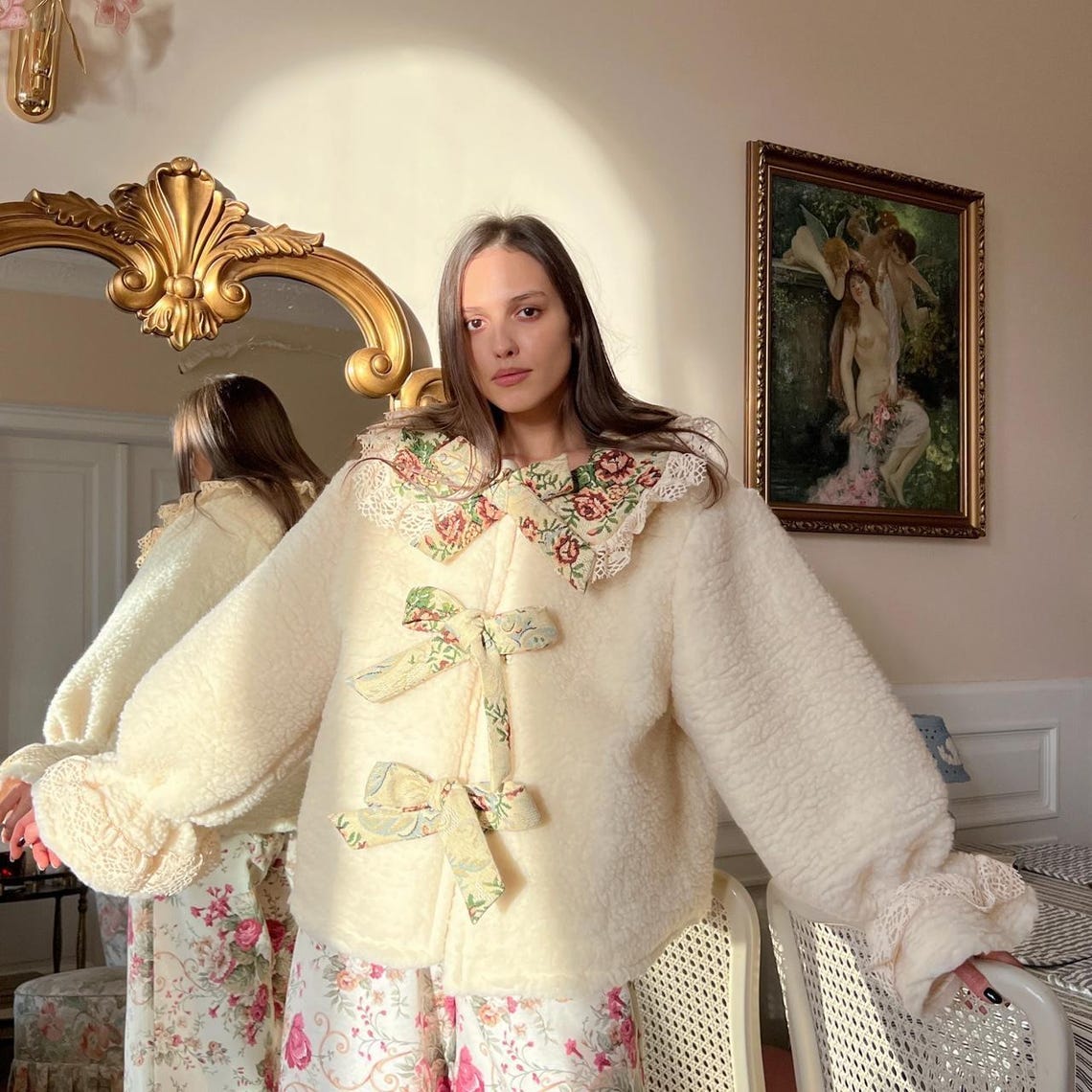 Vintage Flower Print Woolen Coat Set-Up