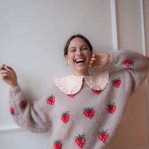 Handmade Mohair Strawberry Knit / Ethically Handmade Knitted Soft Mohair Embroidery Dreamy Cottagecore Fairycore Sweater Jumper
