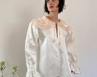 Upcycled satin shirt with lace collar