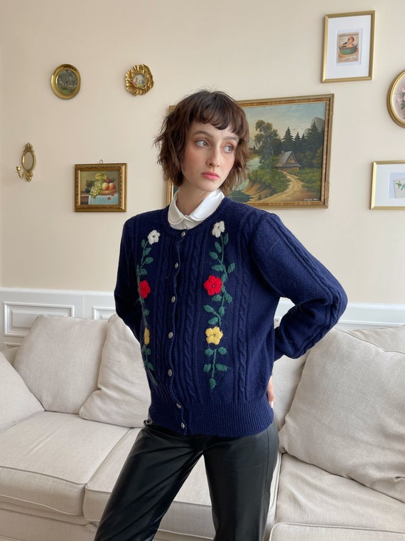 True Vintage Austrian Blue Cardigan Embroidery Flowers Knit