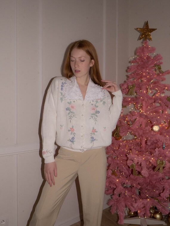 Vintage 1980s embroidery cardigan floral cotton dr