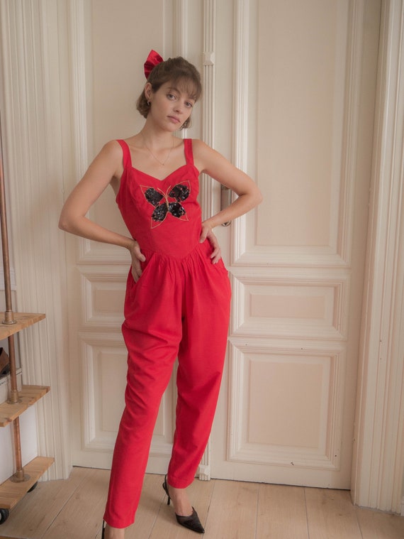 Vintage 1980s butterfly jumpsuit corset red cotton