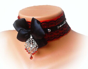 10021 Fantasy Black and Red Lace Kawaii Goth Petplay Cute Bunny Choker Bunny Necklace Garter Collar Lolita Lace Victorian Steampunk Choker