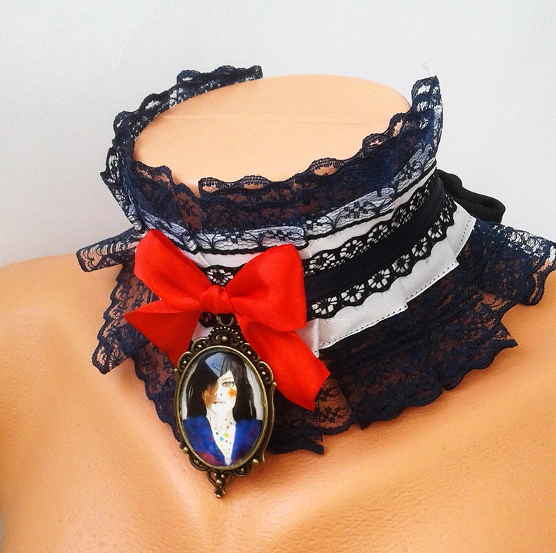 Ddlg Collar Blue Arrow Kitten Play Collar Navy /& white ruffled Victorian choker with big 30x40 brooch and red bow to tie BDSM