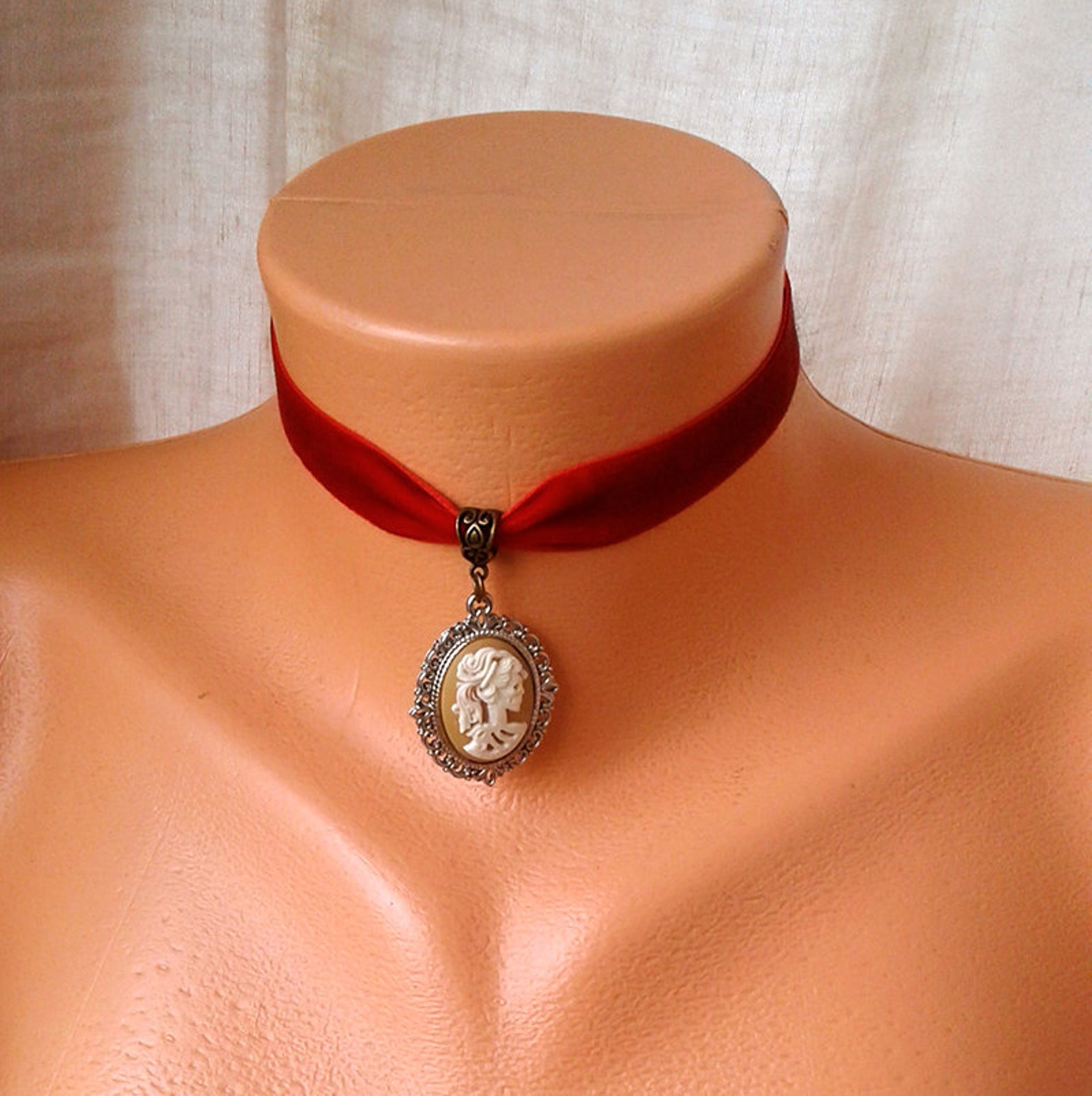 Vintage Red Velvet Choker Necklace with Charm Cameo Lady Etsy