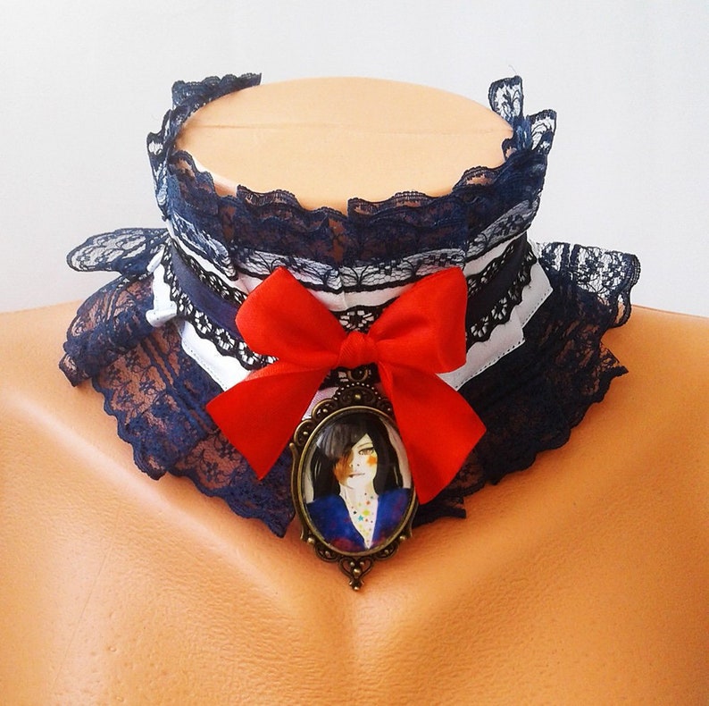 Ddlg Collar Blue Arrow Kitten Play Collar Navy /& white ruffled Victorian choker with big 30x40 brooch and red bow to tie BDSM