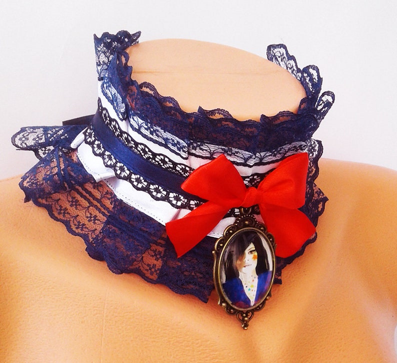 Ddlg Collar Blue Arrow Kitten Play Collar Navy /& white ruffled Victorian choker with big 30x40 brooch and red bow to tie BDSM