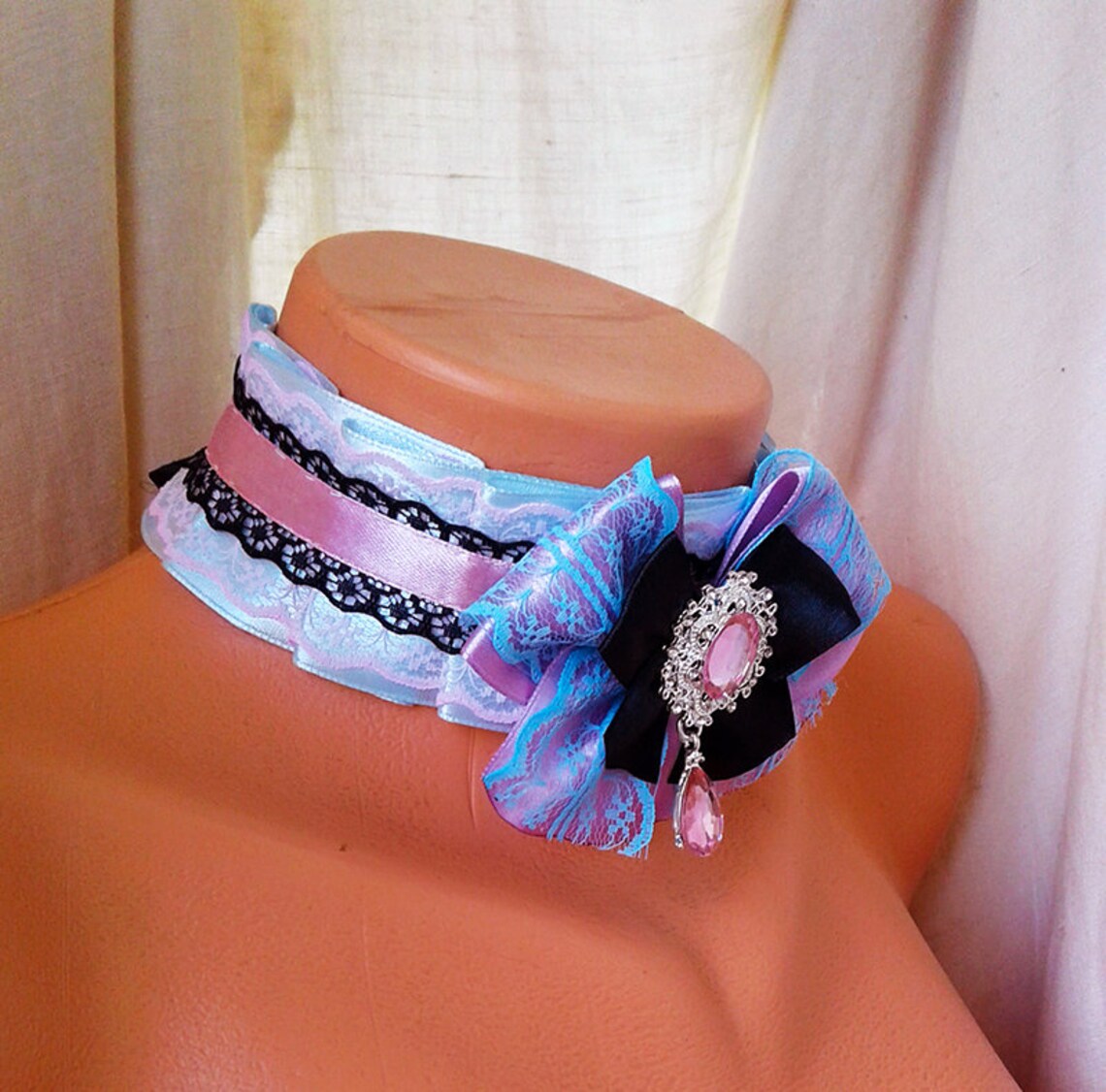 Victorian Jewelry KItten Play Collar BluePink & Black Lace Etsy