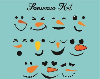 May include: A set of snowman face and body parts for crafting. The set includes various facial expressions, hats, scarves, and body shapes. The image also includes the text "Snowman Kit" and logos for Cricut and Silhouette.