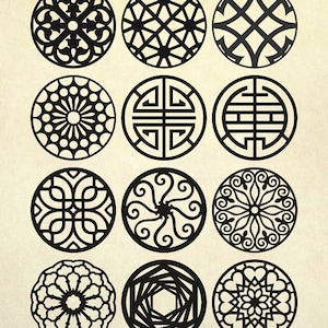May include: Twelve black and white circular designs with intricate geometric patterns. The designs are all different and feature a variety of shapes and lines.
