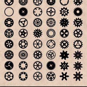 May include: A set of 48 black gear shapes, perfect for crafting projects. The gears are in various sizes and styles, including round, star-shaped, and with different numbers of teeth.
