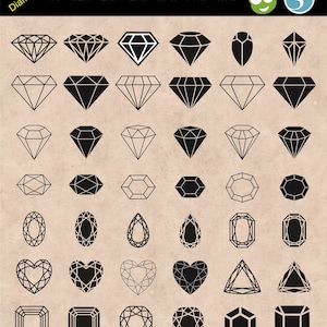 May include: A set of 42 black and white diamond shapes. The diamonds are in various styles, including classic, heart, and oval. The shapes are outlined in black and filled in with black or white.